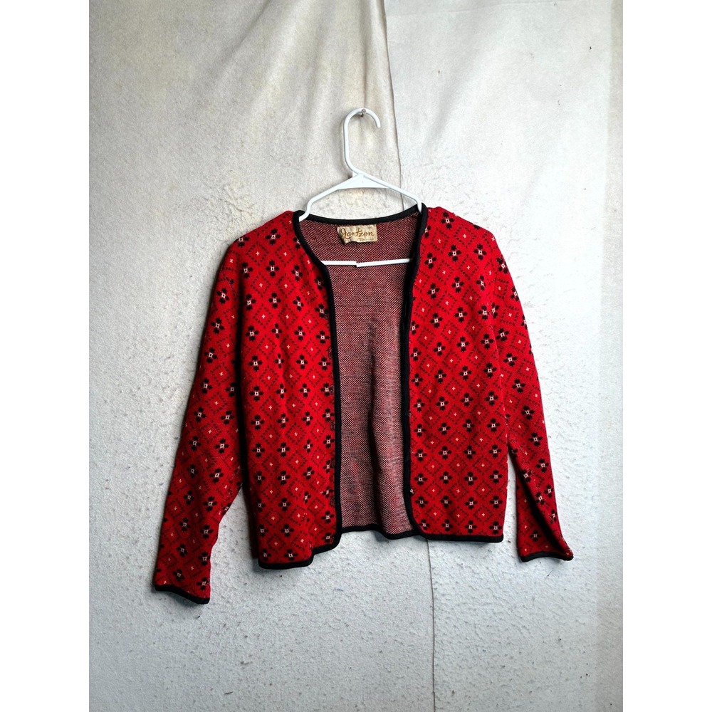 Vintage Jantzen Cardigan Sweater Womens 36 Red Black Knit Geometric Open Front